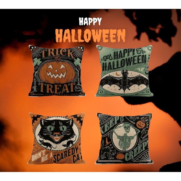 4 Retro Style Halloween Linen Pillow Covers 18x18 Cat Pumpkin Skeleton Bat Decor - Picture 2 of 16